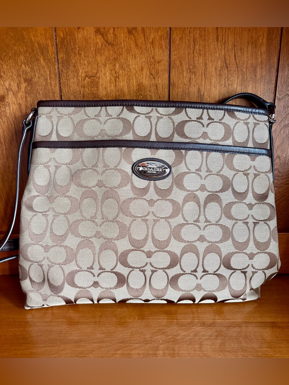 Coach Signature Rowan Crossbody in Beige and Dark Brown